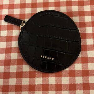 Sezane Round Coin Purse in Black Croc